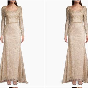 MAC DUGGAL 11187 EMBROIDERED APPLIQUE SHOULDER TRUMPET LIGHT GOLD GOWN sz 6